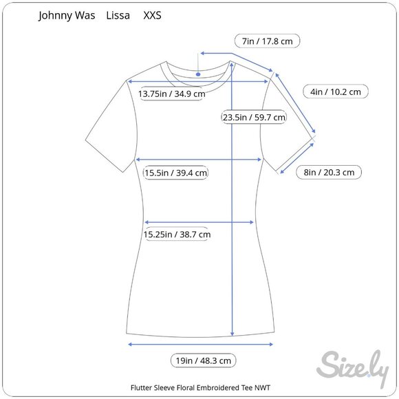 Johnny Was Lissa Bright Blue Flutter Sleeve Floral Embroidered Tee XXS NWT - Picture 10 of 10